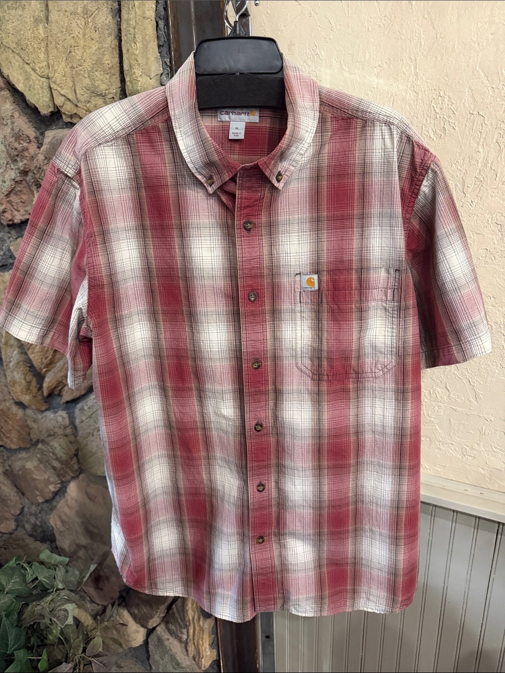Carhartt Red and White Plaid Short-Sleeve Button-Down Shirt